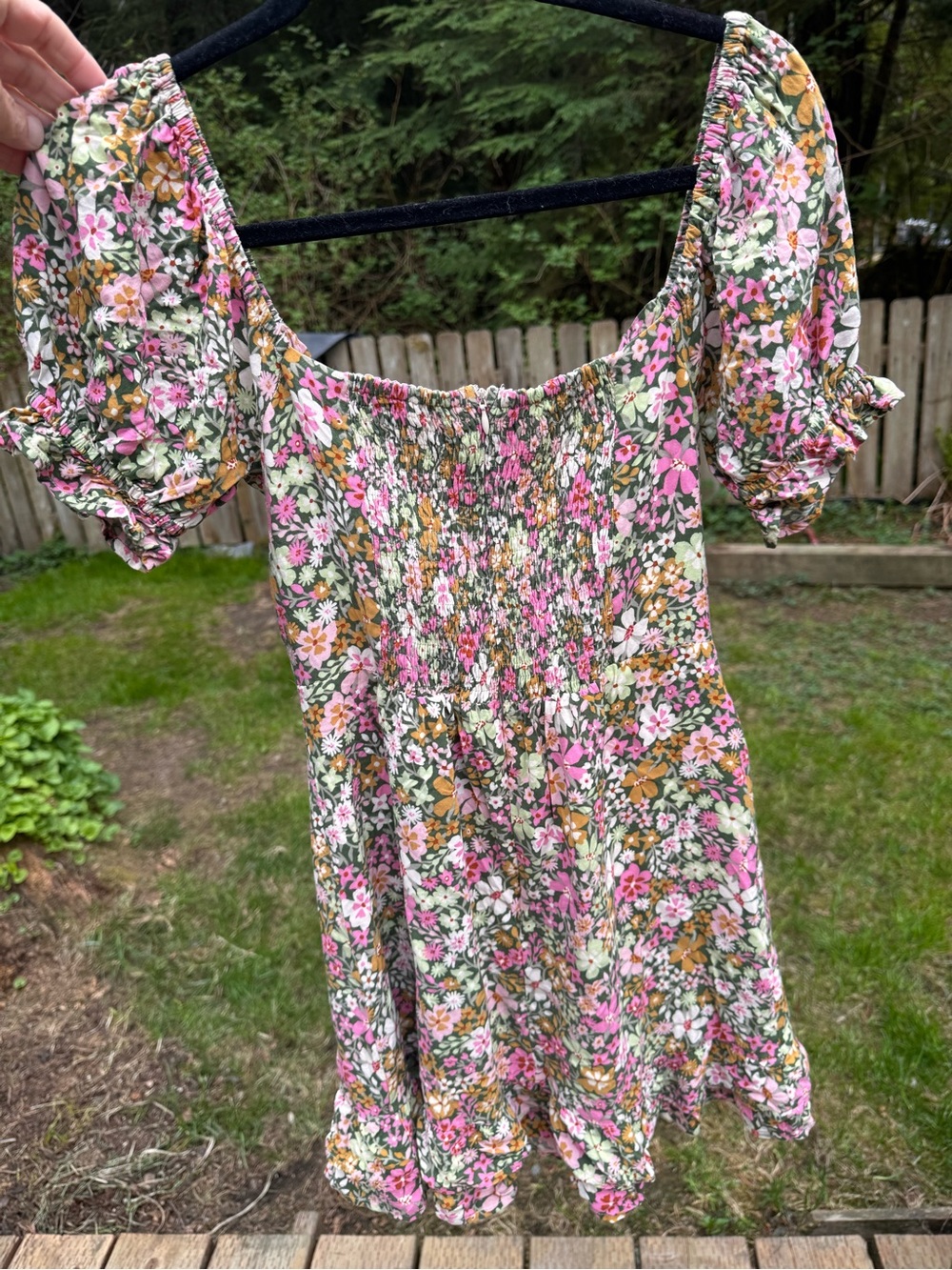 Lost + Wander Floral Square Neck Puff Sleeve Mini Dress - Pink, Green, Orange - Picture 4 of 5